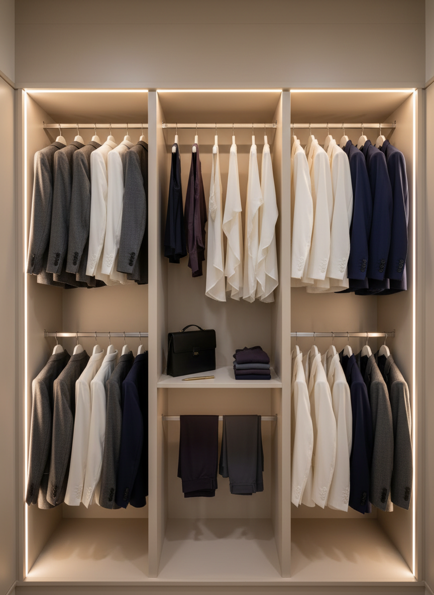 A polished office wardrobe nook designed for executive styling, featuring built-in matte ivory cabinetry with integrated LED strip lighting. Inside, precisely spaced hangers support structured blazers, silk shells, and tailored pants in a cohesive palette of charcoal, ivory, and midnight blue. On a central shelf, folded yogic athleisure sets in deep plum and slate gray sit beside a minimalist black leather portfolio and a slim, matte-gold pen. The scene is bathed in soft, warm artificial light that casts crisp, refined shadows and delicate gleams along metal hardware. Captured straight on with sharp focus and a balanced, rule-of-thirds composition, the photographic realism conveys a mood of quiet power, efficiency, and elevated professionalism, perfect for in-office wardrobe transformation.