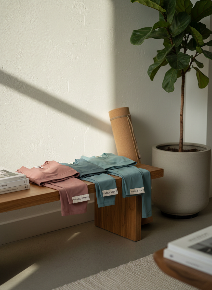 A meditative yoga corner in a contemporary living room, where Surrealistwardrobe’s "Kindness Is Fierce" athleisure pieces are artfully displayed. A low, natural-wood bench holds neatly folded leggings and layered tops in dusky rose, storm gray, and muted teal, each labeled with minimalist woven tags. Beside them, a rolled eco-friendly cork yoga mat rests against a textured plaster wall in warm white. A single large plant in a matte stone planter adds organic height. Morning light streams in from an unseen window, creating elongated, gentle shadows and illuminating the subtle sheen of technical fabrics. Photographed at a three-quarter angle with a shallow depth of field, the image has a calm, refined, photographic realism that merges lifestyle, wellness, and sophisticated styling.