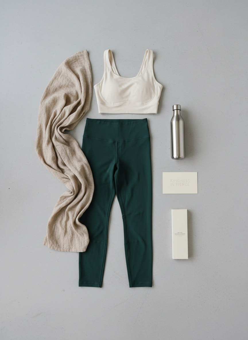 A flat lay composition of a fully styled yogic athleisure outfit from "Kindness Is Fierce" arranged on a pale concrete surface. High-waisted leggings in deep forest green with barely-there tonal seams are paired with a sculpted, longline top in soft ecru. Around them, thoughtfully placed accessories include a folded linen wrap, a minimalist stainless-steel water bottle, a slender incense box, and a small card embossed with the phrase "Kindness Is Fierce" in understated lettering. Overhead, diffused studio lighting creates a shadowless, gentle illumination that highlights fabric textures and subtle color contrasts. The photographic realism, clean lines, and carefully balanced negative space convey a sophisticated, on-and-off-the-mat lifestyle aesthetic, ideal for showcasing the brand’s ethos.