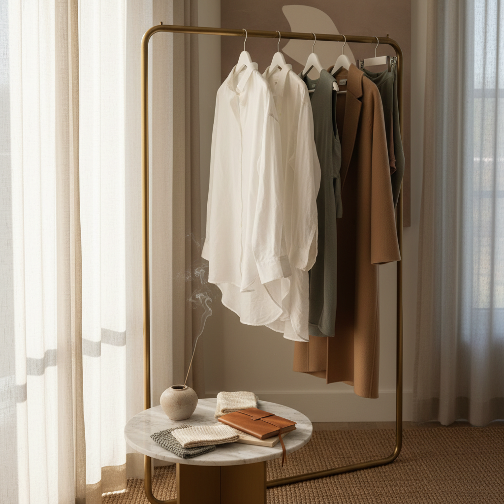 A serene styling studio corner in a sunlit apartment, showcasing a single, sculptural clothing rack in brushed brass holding an edited selection of capsule wardrobe essentials. Crisp white shirts, a single camel coat, and thoughtfully placed yogic athleisure pieces in muted earth tones create a balanced composition. A low marble-topped side table holds fabric swatches, a leather-bound notebook, and a ceramic incense holder with a delicate trail of smoke. Soft afternoon light filters through gauzy curtains, creating a gentle, diffused glow and muted reflections on the brass. Shot from a slightly elevated angle with clean, photographic realism, the mood is sophisticated, intentional, and quietly inspiring, emphasizing mindful, in-home wardrobe styling.